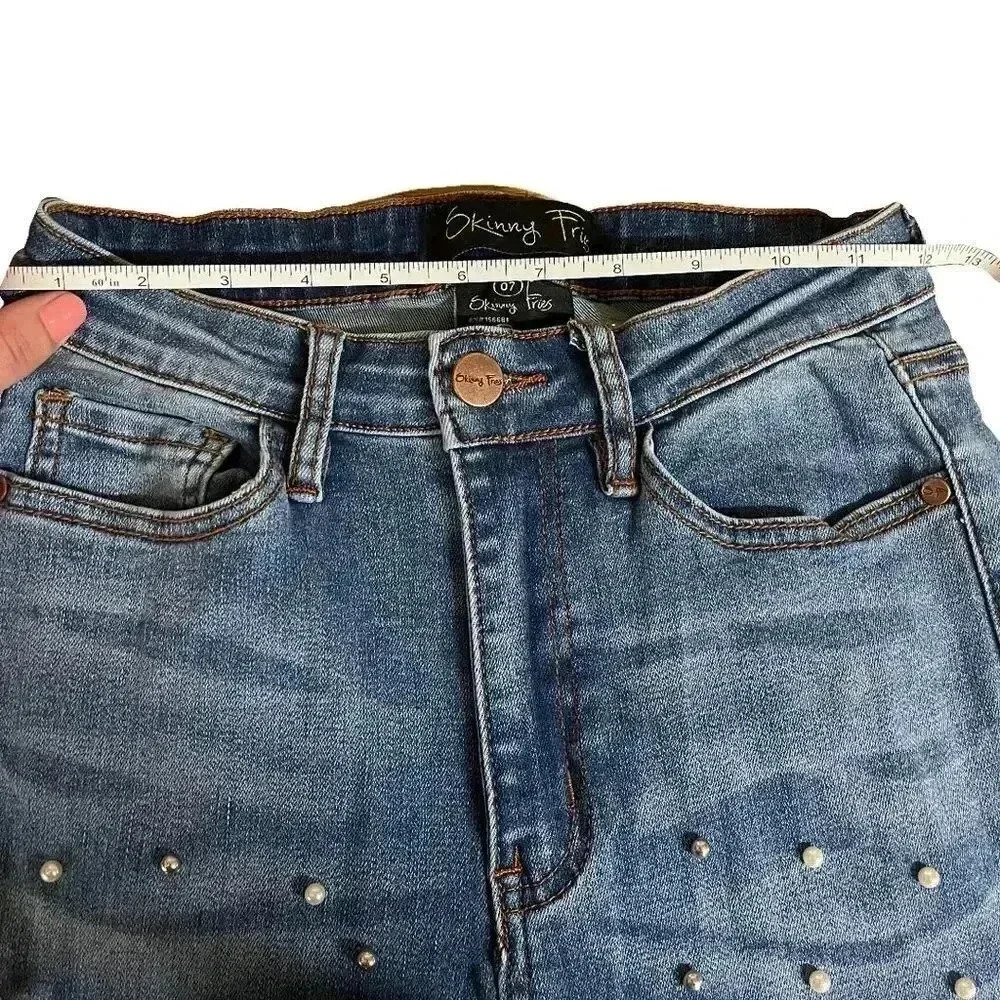 Skinny Fries Jeans Size 07 Blue Rhinestone Pearl Distressed Raw Hem Denim - Picture 5 of 9
